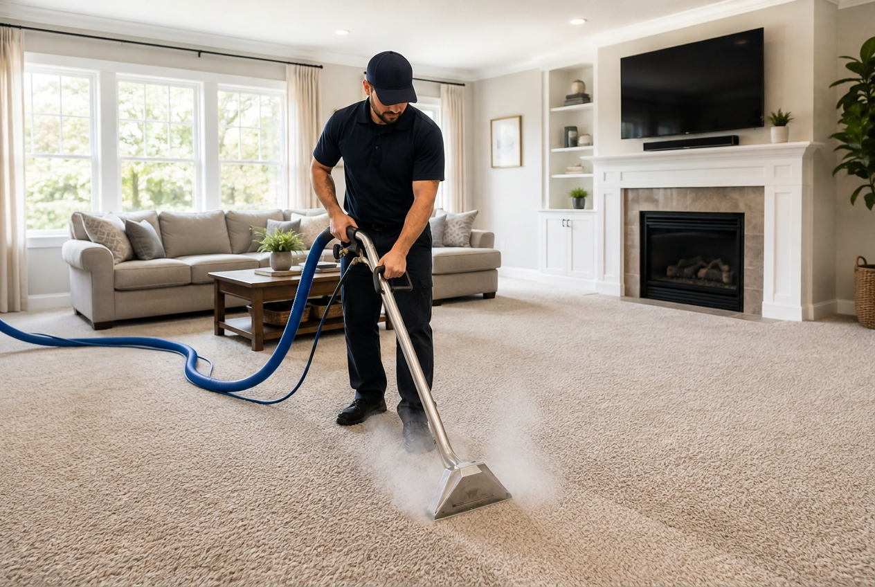 Ultra Clean KS technician steam cleaning wall-to-wall carpet in a living room